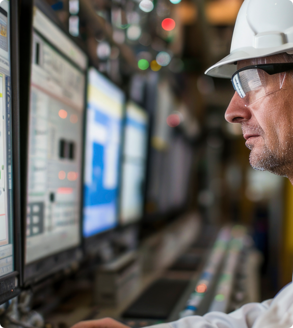 Engineering Professional at Work A man in a hard hat and glasses monitors multiple screens.