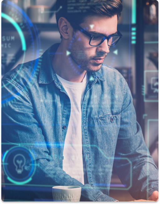 Innovative IT Services for Businesses A focused professional working on a computer with digital overlays.
