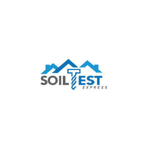 Logo of Soil Test Express featuring blue mountains and a drill icon.