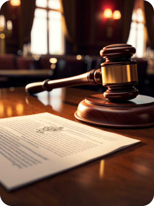 Legal Document and Gavel A gavel resting on a wooden table next to a legal document.