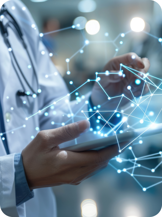 Healthcare Technology Innovation A healthcare professional using a tablet with digital connections.