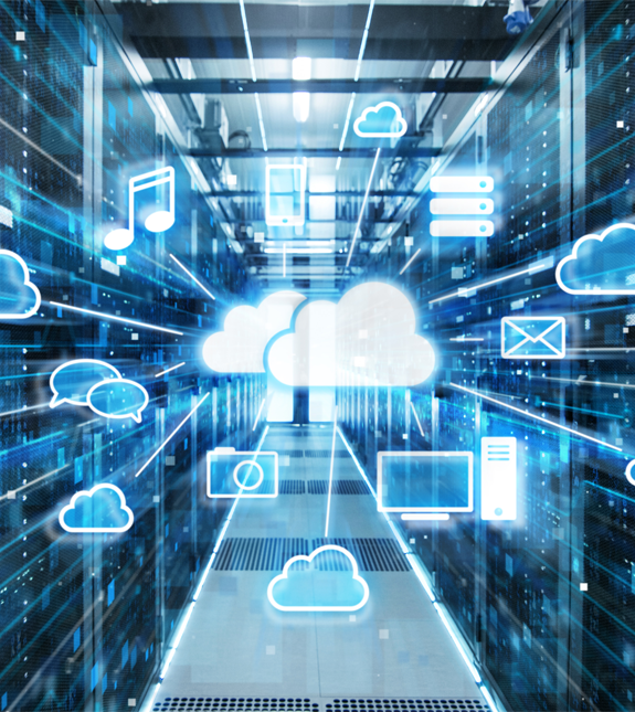 Cloud Infrastructure Solutions Visual representation of cloud infrastructure with icons.